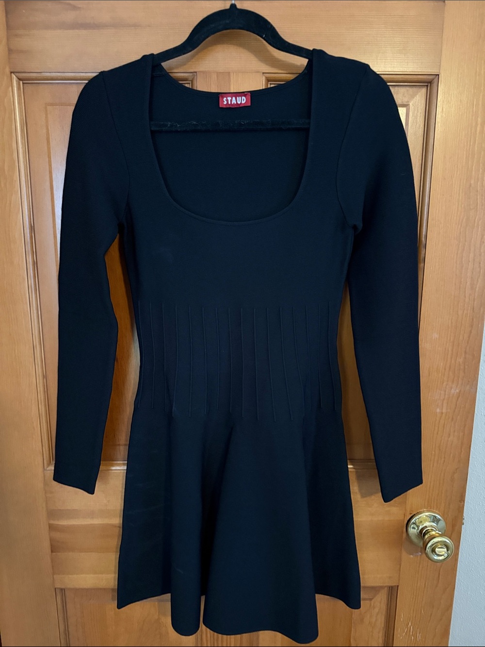 STAUD Black Long Sleeve Scoop-Neck Fit & Flare Dress Small